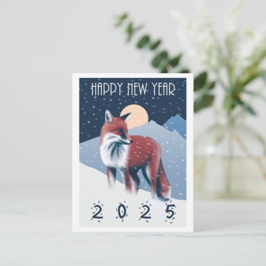 Fox im Schnee | Frohes neues Jahr 2025 Postkarte (Stehend Vorderseite)