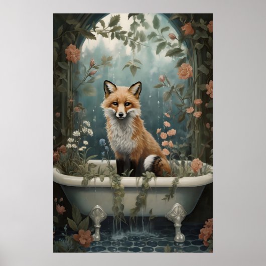 Fox In Bathtub Floral Print, Vintage Bathroom Poster (Vorne)