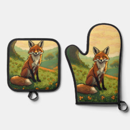 Fox in den Kleeblättern Ofenhandschuh & Topflappen-Set