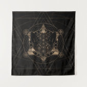 Fox in der heiligen Geometrie - Schwarzes und Gold Wandteppich (Vorderseite)