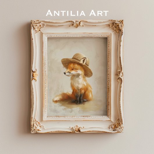 Fox in Hat Whimsical Vintag Woodland Animal Poster