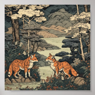 Fox in japanischer Landschaft Poster
