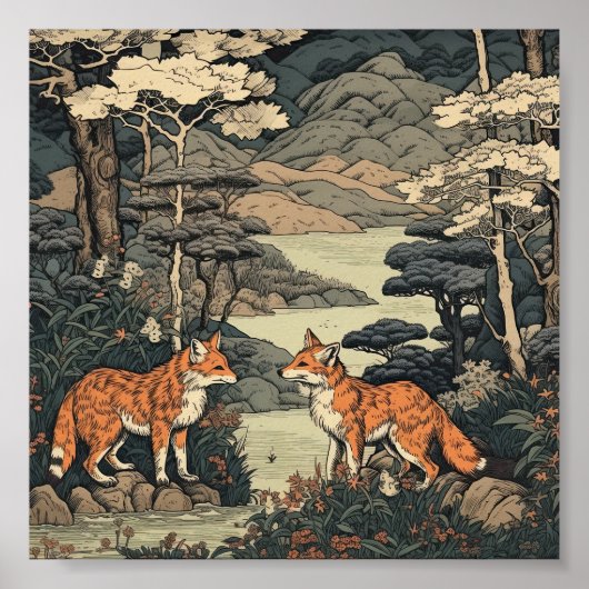 Fox in japanischer Landschaft Poster (Vorne)