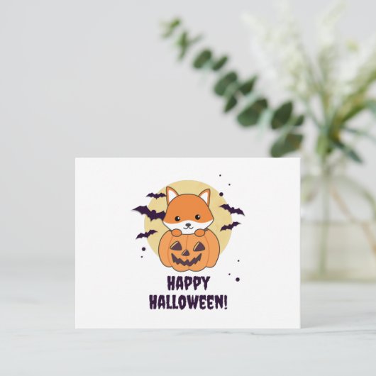 Fox in Pumpkin Sweet Foxes Happy Halloween Postkarte (Stehend Vorderseite)