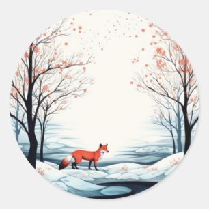 Fox in Snow Round Sticker - Weihnachten