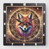 Fox Intricate Mandala Design Lebende kosmische Far Quadratische Wanduhr (Vorderseite)