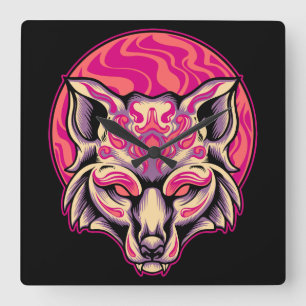 Fox Kitsune   Quadratische Wanduhr