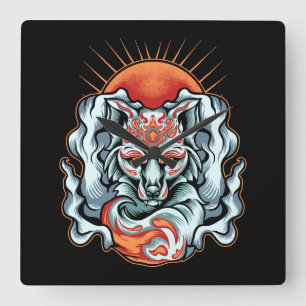 Fox Kitsune   Square Wall Clock Quadratische Wanduhr