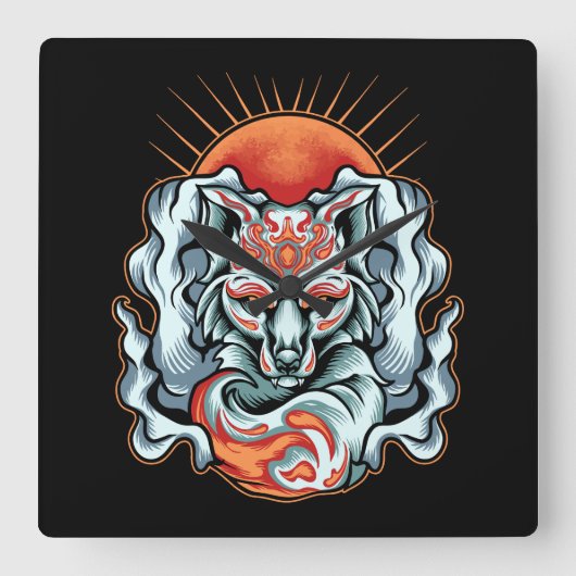 Fox Kitsune   Square Wall Clock Quadratische Wanduhr (Vorderseite)