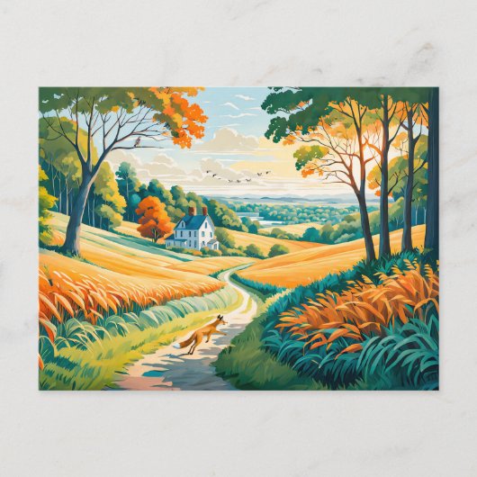 Fox läuft auf Feldweg im Herbst auf Bauernland Postkarte (Vorderseite)
