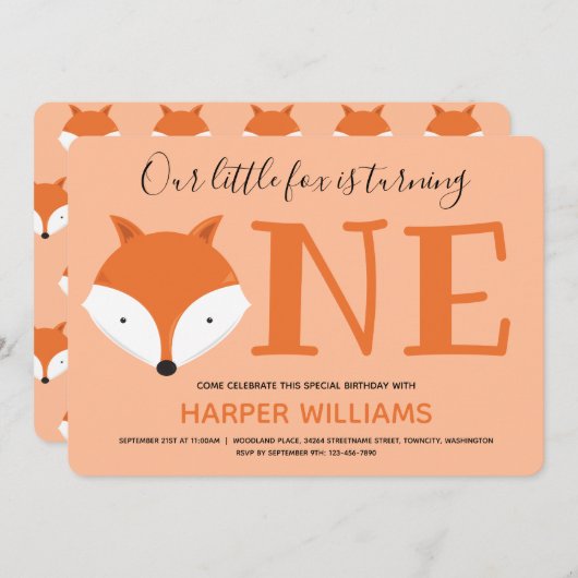 Fox macht einen ersten Geburtstag Einladung (Vorne/Hinten)