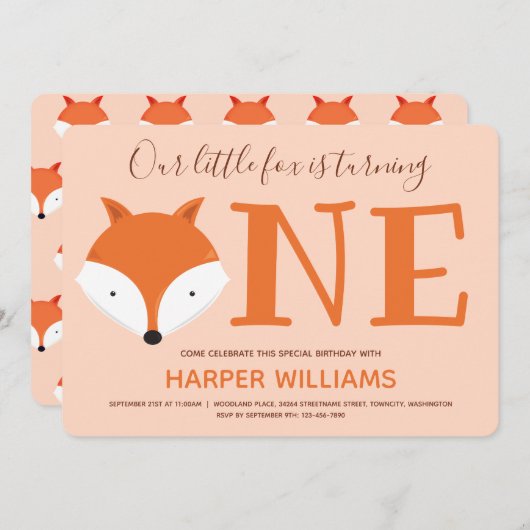 Fox macht einen ersten Geburtstag Einladung (Vorne/Hinten)