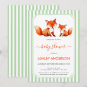 Fox Mama and Baby Shower Pale Green Stripes Cute Einladung (Vorne/Hinten)