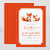 Fox Mama and Baby Shower Watercolor & Red Stripes Einladung (Vorne/Hinten)