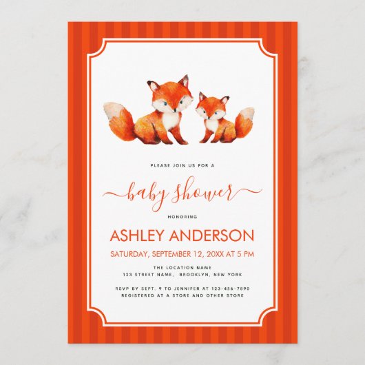 Fox Mama and Baby Shower Watercolor & Red Stripes Einladung (Vorderseite)