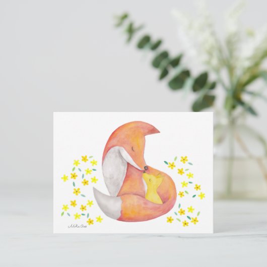 Fox Mama Baby Postcard Red Fox Aqua Art Card Postkarte (Stehend Vorderseite)