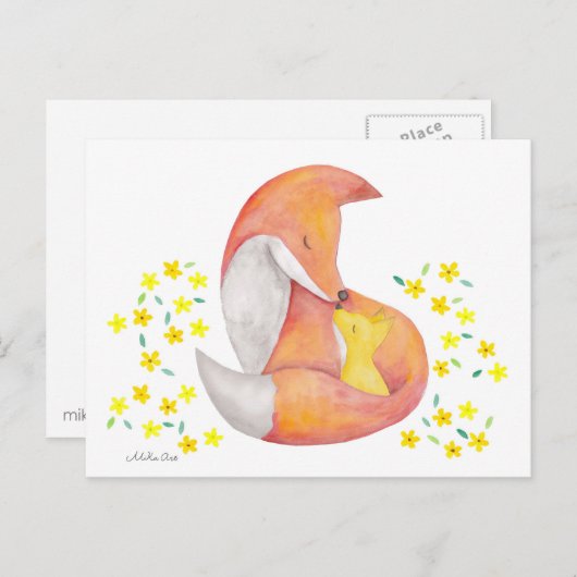 Fox Mama Baby Postcard Red Fox Aqua Art Card Postkarte (Vorne/Hinten)