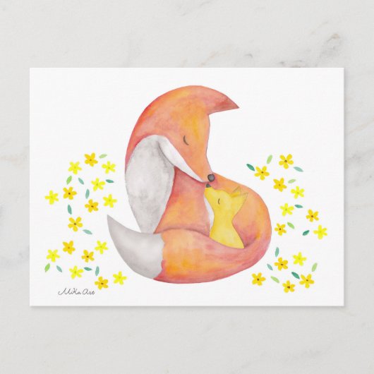 Fox Mama Baby Postcard Red Fox Aqua Art Card Postkarte (Vorderseite)