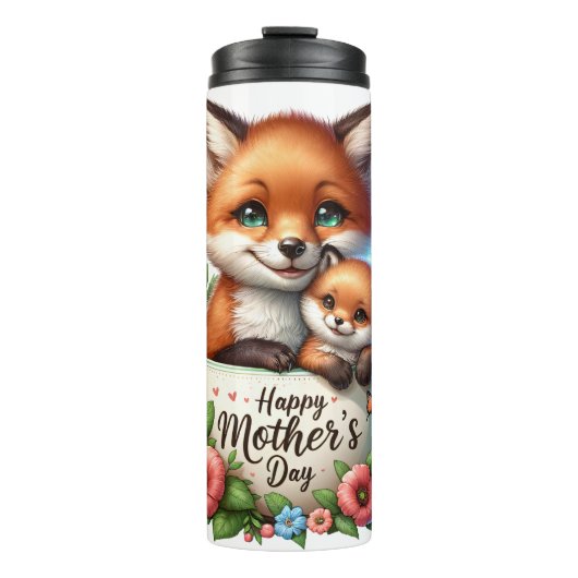 Fox-Mama: Cub, Blume, Muttertag Thermosbecher (Vorderseite)