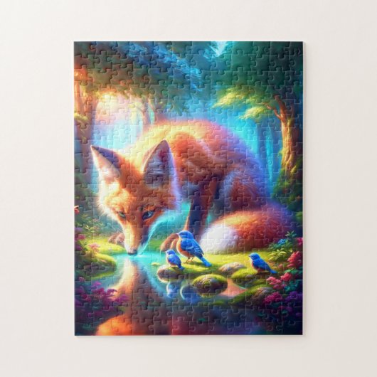 Fox mit amerikanischen Robins im Wald Puzzle (Vertikal)