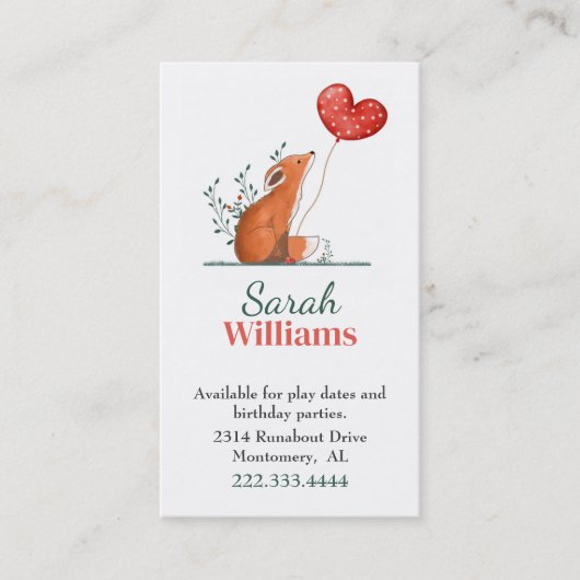 Fox mit Balloon Children Calling Card Telefonnummerkarte (Vorderseite)