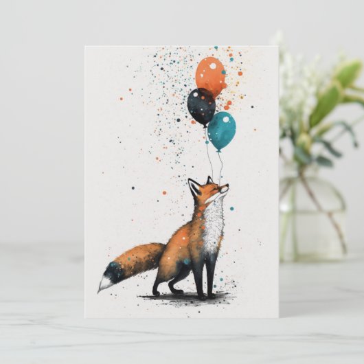 Fox mit Balloon und Party Hat Flat Grußkarte Dankeskarte (Stehend Vorderseite)