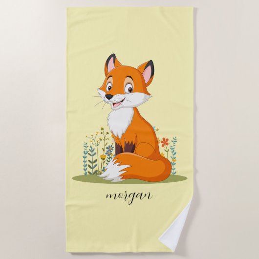 Fox mit Blume, Name des Kindes auf blassgelb Strandtuch (Vorderseite)