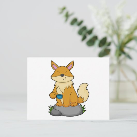 Fox mit Kaffeetasse Postkarte (Stehend Vorderseite)
