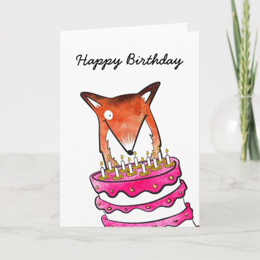 Fox mit Kuchen Geburtstagskarte Karte (Vorderseite)