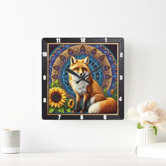 Fox mit Mandala und Sonnenblumen Lebendige Farben Quadratische Wanduhr (Zuhause)