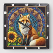 Fox mit Mandala und Sonnenblumen Lebendige Farben Quadratische Wanduhr (Vorderseite)