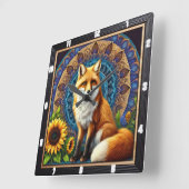 Fox mit Mandala und Sonnenblumen Lebendige Farben Quadratische Wanduhr (Winkel)