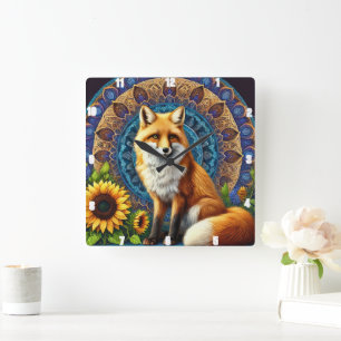 Fox mit Mandala und Sonnenblumen Lebendige Farben Quadratische Wanduhr