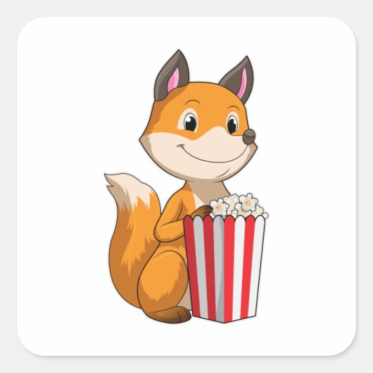 Fox mit Popcorn Quadratischer Aufkleber (Vorderseite)