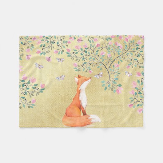 Fox mit Schmetterlingen und rosa Blumen Fleecedecke (Vorderseite (Horizontal))
