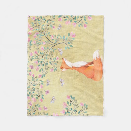 Fox mit Schmetterlingen und rosa Blumen Fleecedecke (Vorderseite)