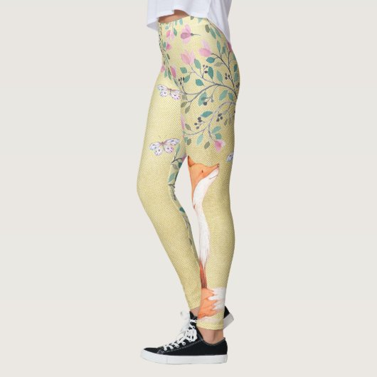 Fox mit Schmetterlingen und rosa Blumen Leggings (Links)