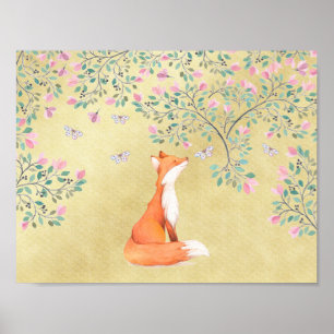 Fox mit Schmetterlingen und rosa Blumen Poster