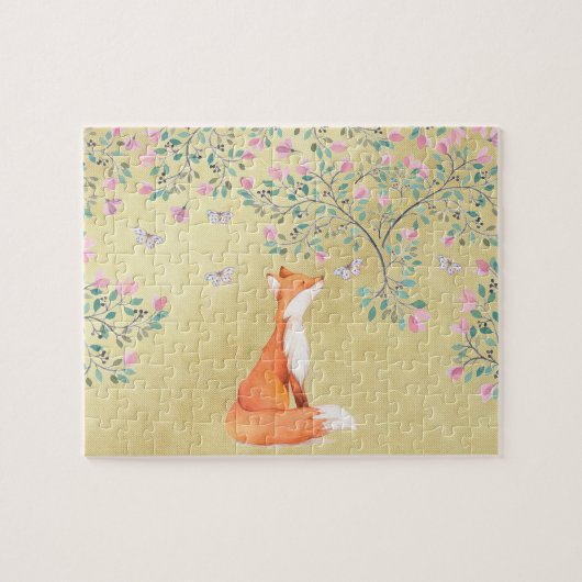 Fox mit Schmetterlingen und rosa Blumen Puzzle (Horizontal)