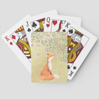 Fox mit Schmetterlingen und rosa Blumen Spielkarten