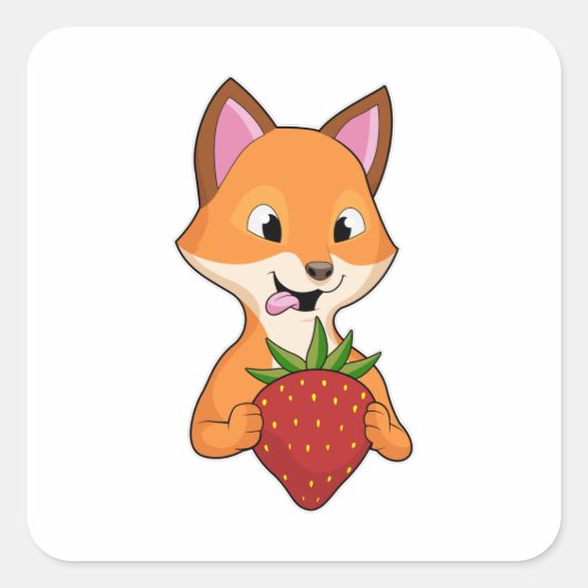 Fox mit Strawberry Quadratischer Aufkleber (Vorderseite)