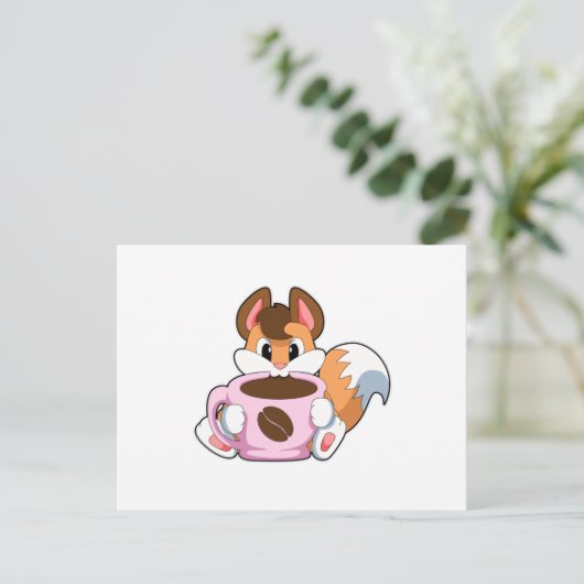 Fox mit Tasse Kaffee Postkarte (Stehend Vorderseite)