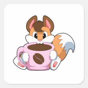 Fox mit Tasse Kaffee Quadratischer Aufkleber