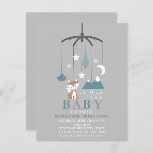 Fox Mobile Modern Boy Baby Dusche Einladung (Vorne/Hinten)