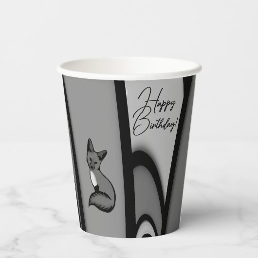 Fox Modern Art Design in Silver Happy Birthday Pappbecher (Rückseite)