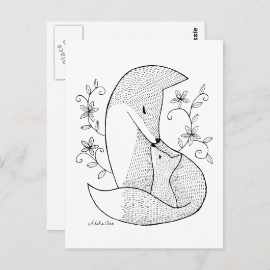 Fox Mom & baby Postcard Fox Tinte zeichnend Kunstk Postkarte (Vorne/Hinten)
