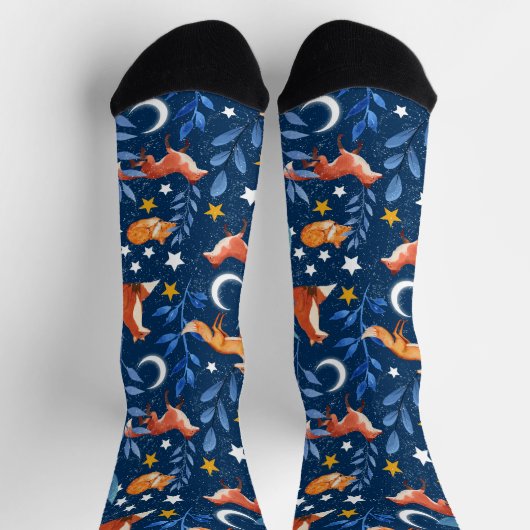 Fox Night Forest Celestial Seamless Pattern Socken (Oben)