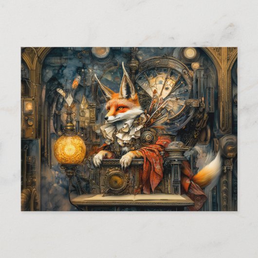 Fox on a Steampunk Pulpit in mystischer Szene Postkarte (Vorderseite)
