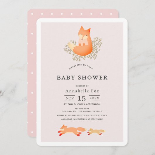 Fox on Branch Pink Girl Baby Dusche Einladung (Vorne/Hinten)