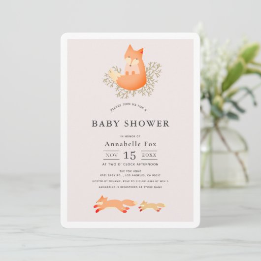 Fox on Branch Pink Girl Baby Dusche Einladung (Stehend Vorderseite)